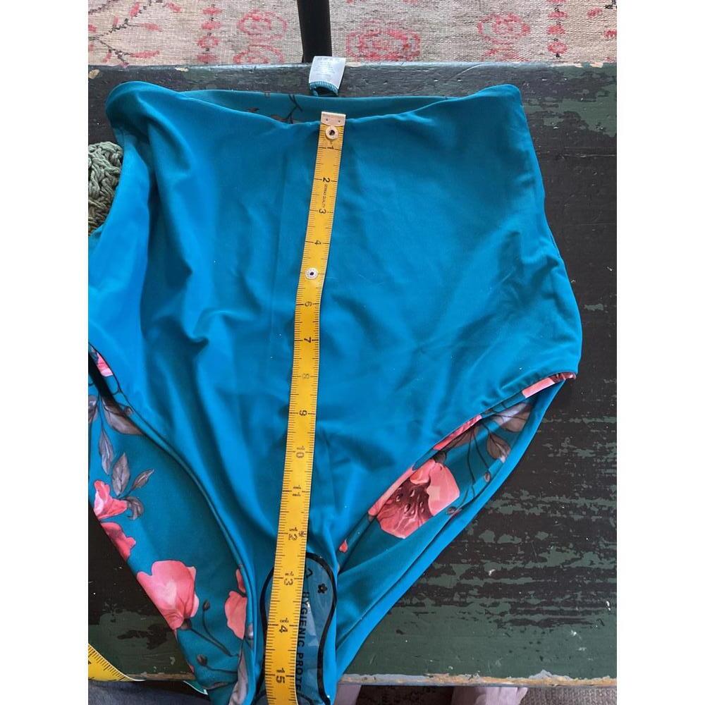 Coral Reef Reversible Floral Botanical High-Waisted Swim Bottom - Teal 8/10 - Picture 10 of 10